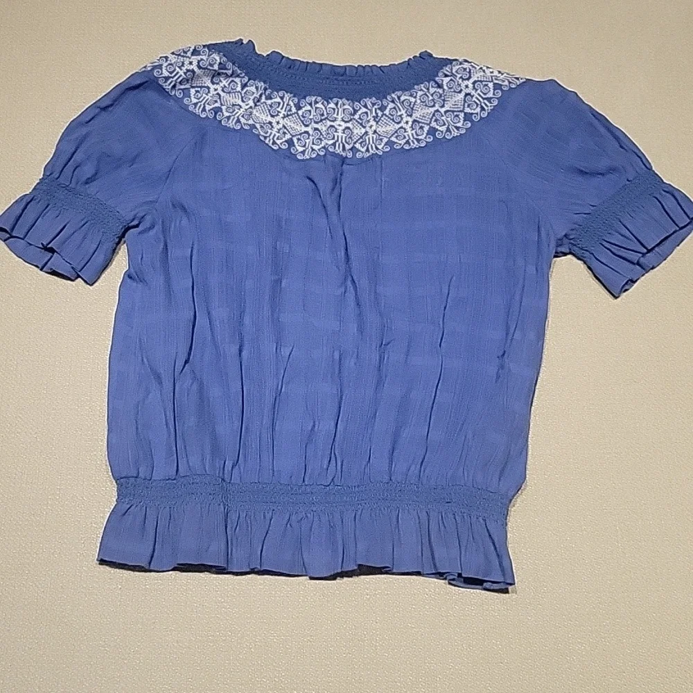 Tory Burch Nina Blouse Embroidery White Blue Peasant Cotton Western Boho Medium